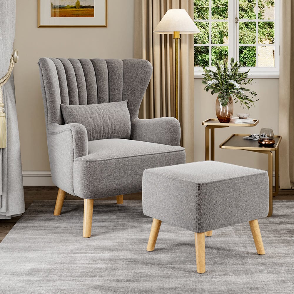 Grey Linen Armchair and Footstool