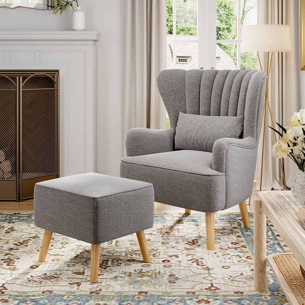 Grey Linen Armchair and Footstool
