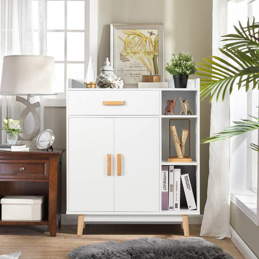 Freestanding Wooden Bookcase with Drawer and Adjustable Shelves-White