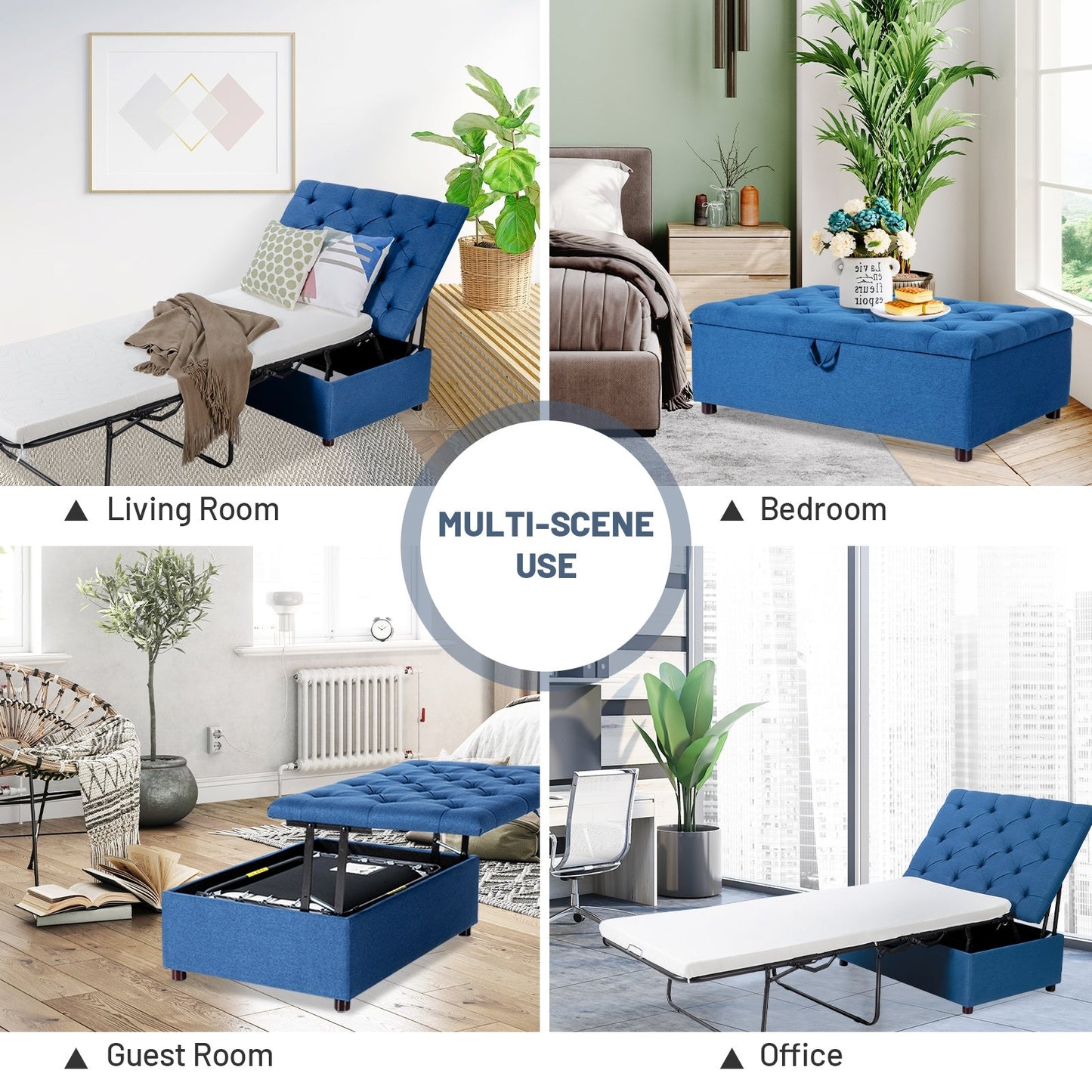 Folding Ottoman Sleeper Bed with Mattress for Guest Bed and Office Nap-Blue