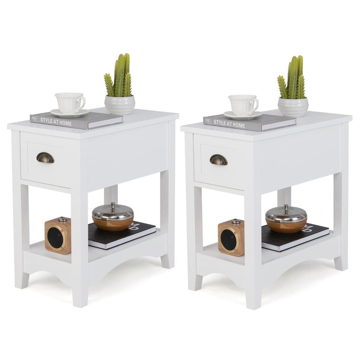 Rectangular Nightstand Set of Two with 1 Drawer 1 Storing Shelf and 4 Solid Rubber wood Legs-White