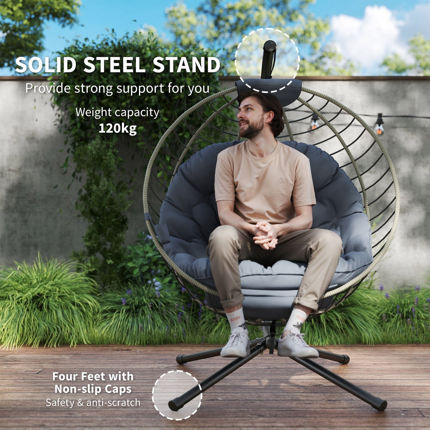 Outsunny PE Rattan Swing Chair, Outdoor Hanging Chair with Metal Stand, Thick Padded Cushion, Foldable Basket and Cup Holder, for Indoor and Outdoor, Grey