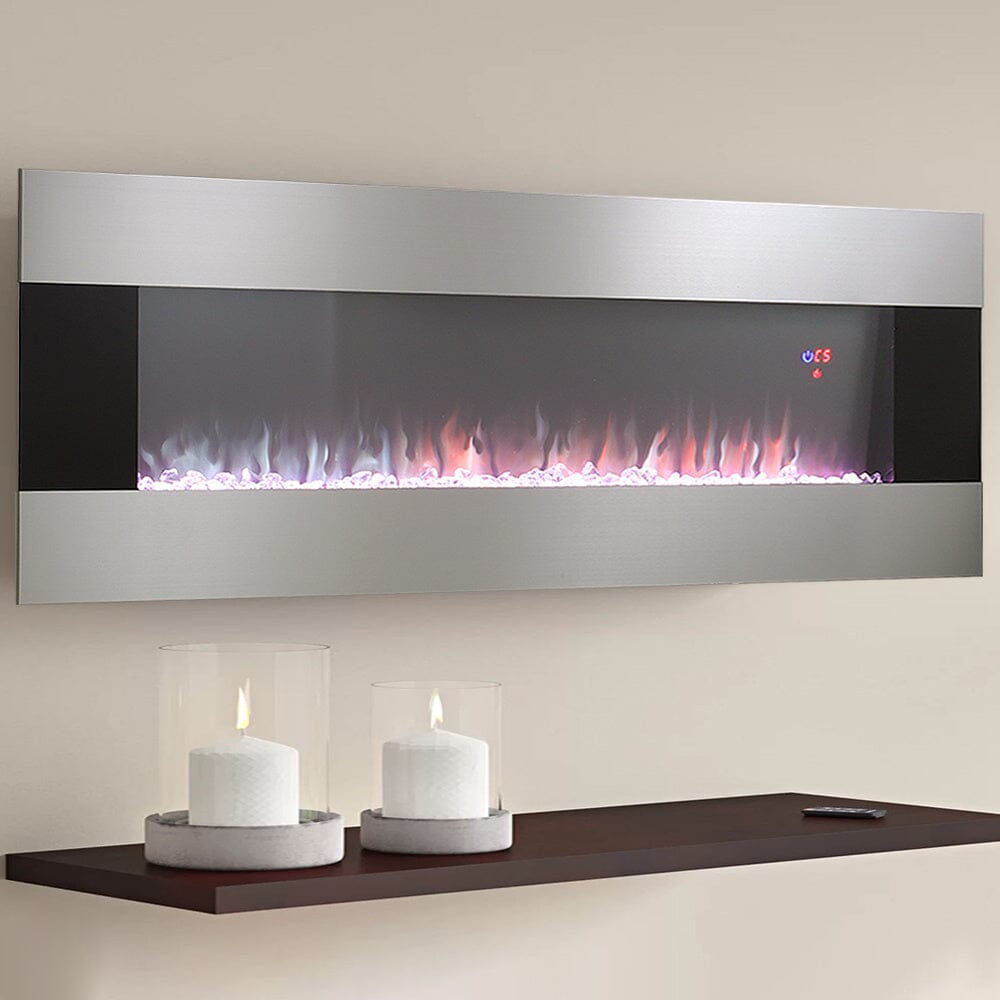 50/60 Inch Silver Electric Fireplace Crystal Accents 6 Flame Colour Heater Wall Mounted Fireplaces