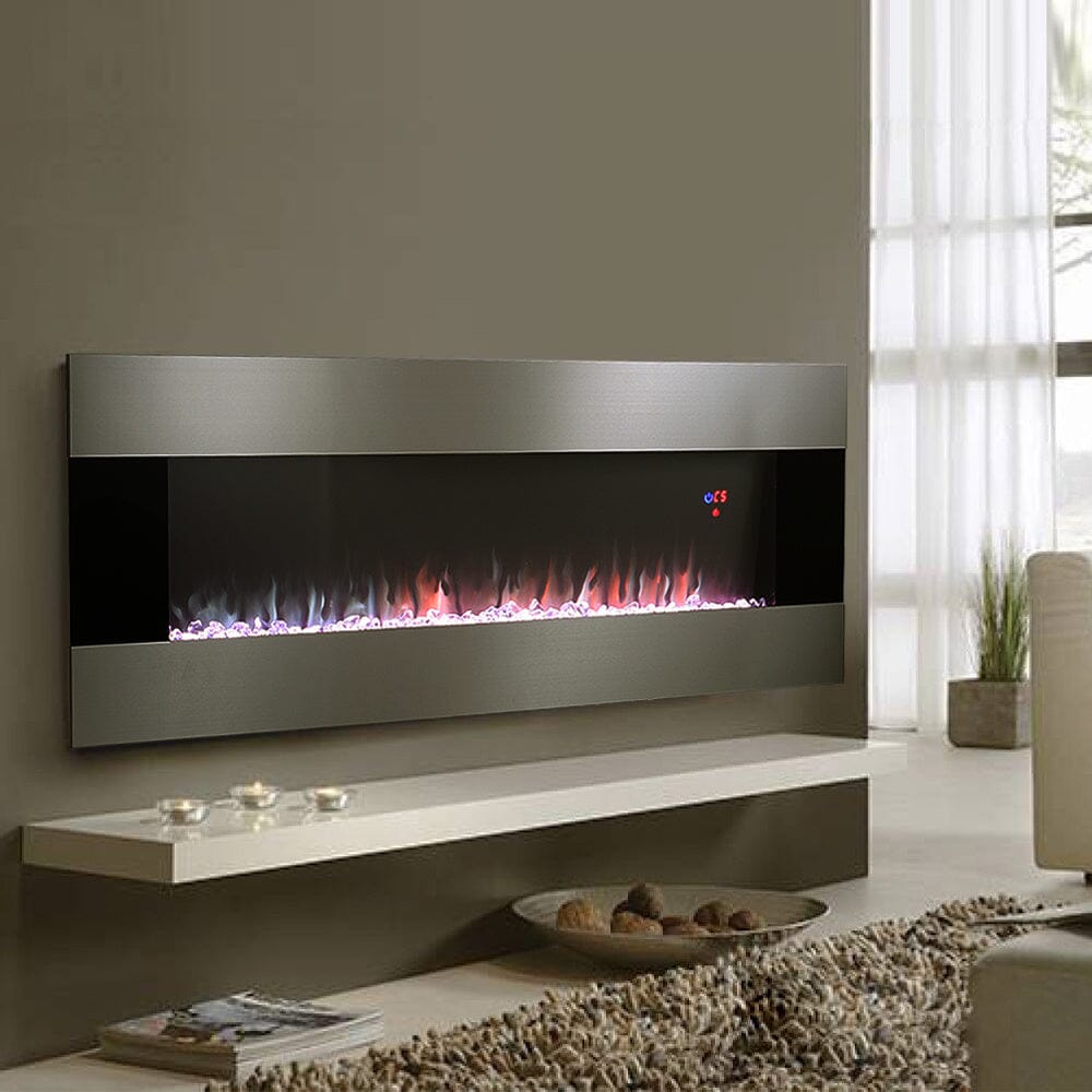 50/60 Inch Silver Electric Fireplace Crystal Accents 6 Flame Colour Heater Wall Mounted Fireplaces
