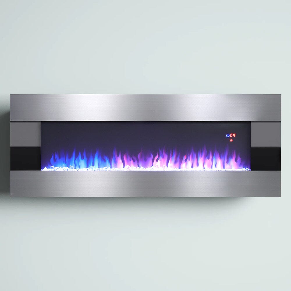 50/60 Inch Silver Electric Fireplace Crystal Accents 6 Flame Colour Heater Wall Mounted Fireplaces