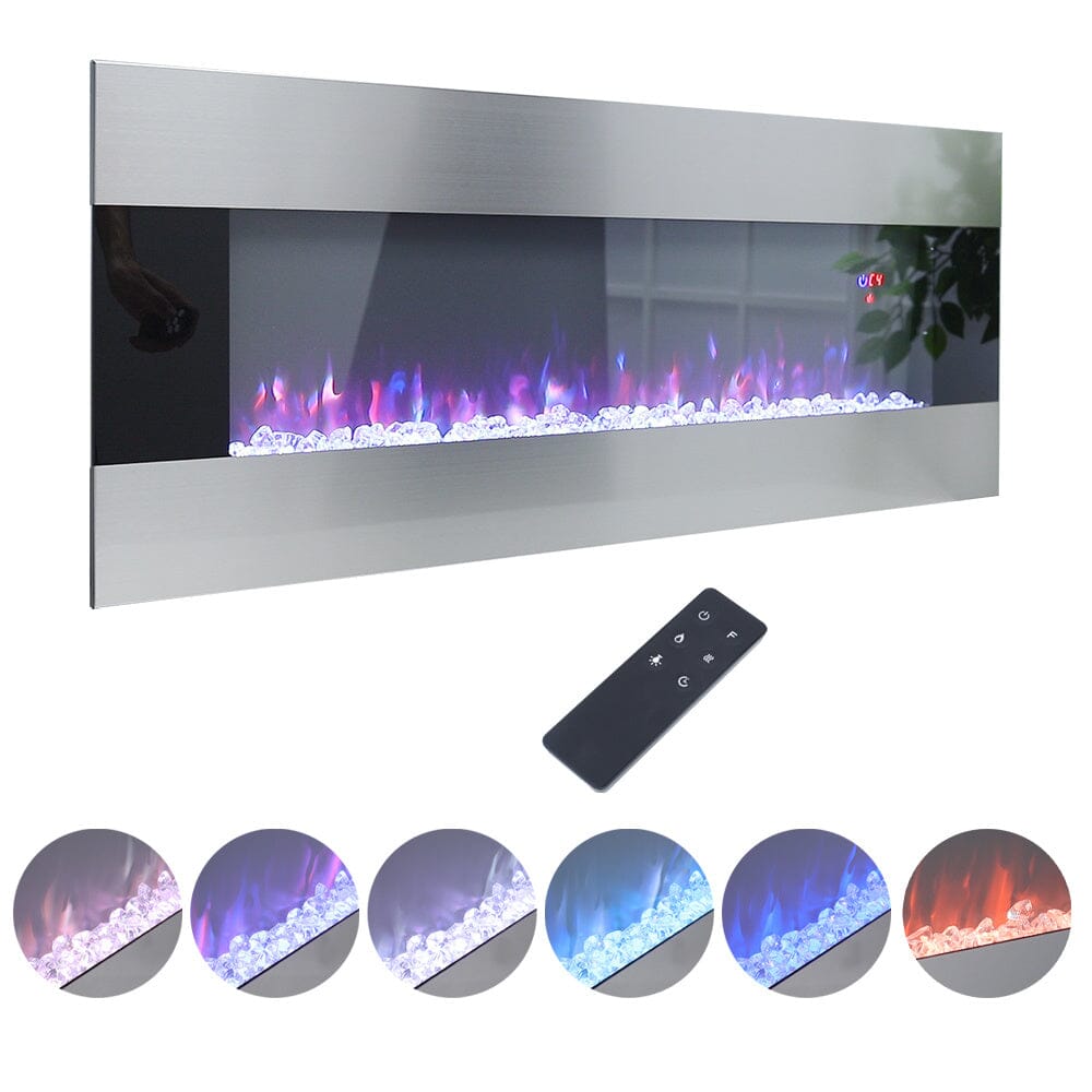 50/60 Inch Silver Electric Fireplace Crystal Accents 6 Flame Colour Heater Wall Mounted Fireplaces
