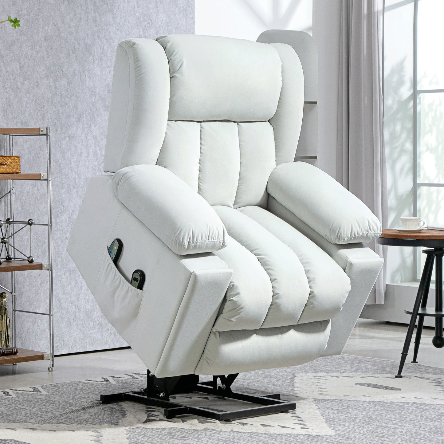 HOMCOM Power Lift Recliner Chair with Vibration Massage and Heat, Electric Lift Chair for Elderly, Overstuffed Fabric Riser and Reclining Armchair with USB Ports, Cup Holders, Light Grey