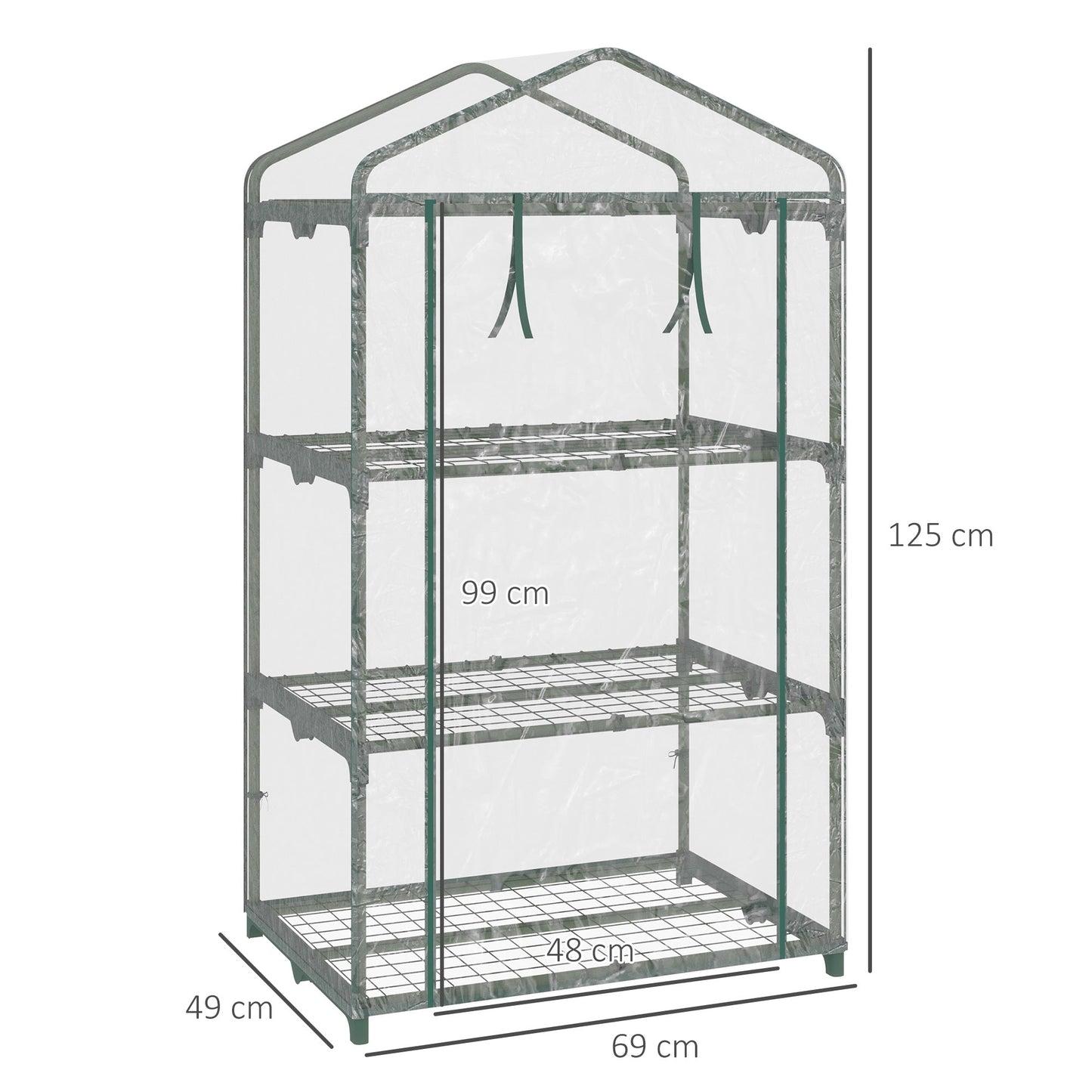 Outsunny 3-poziomowa mini szklarnia przenośna szklarnia ogrodowa z rolowanymi drzwiami i półkami z drutu, 69 dł. x 49 szer. x 125 wys. cm, przezroczysta