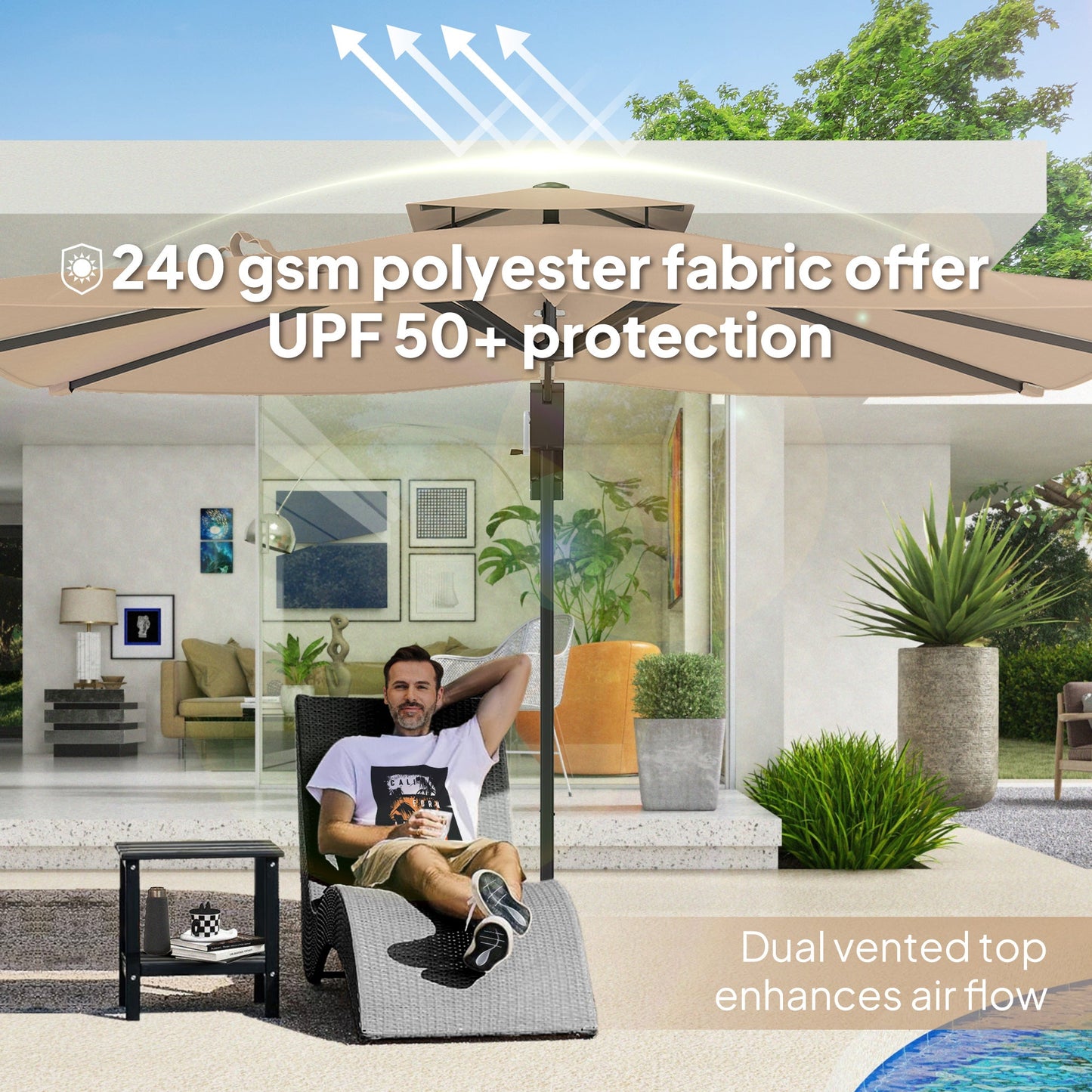 Outsunny 3,7 x 2,7 m parasol wysięgnikowy z obrotem 360√∞ i łatwą regulacją nachylenia, aluminiowy wiszący parasol ogrodowy z podwójnym dachem i podstawą krzyżową, wiszący parasol przeciwsłoneczny UPF50+, czarny