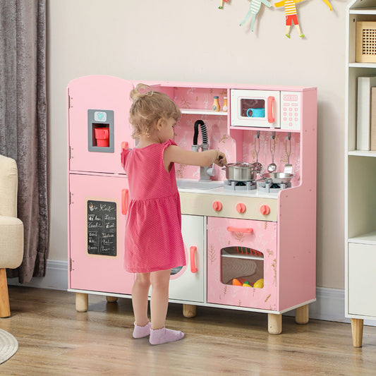 AIYAPLAY Play Kitchen, Kids Kitchen Set with Lights and Sounds, Double Stoves, Ice Maker, Chalkboard for 3+ Years, Pink
