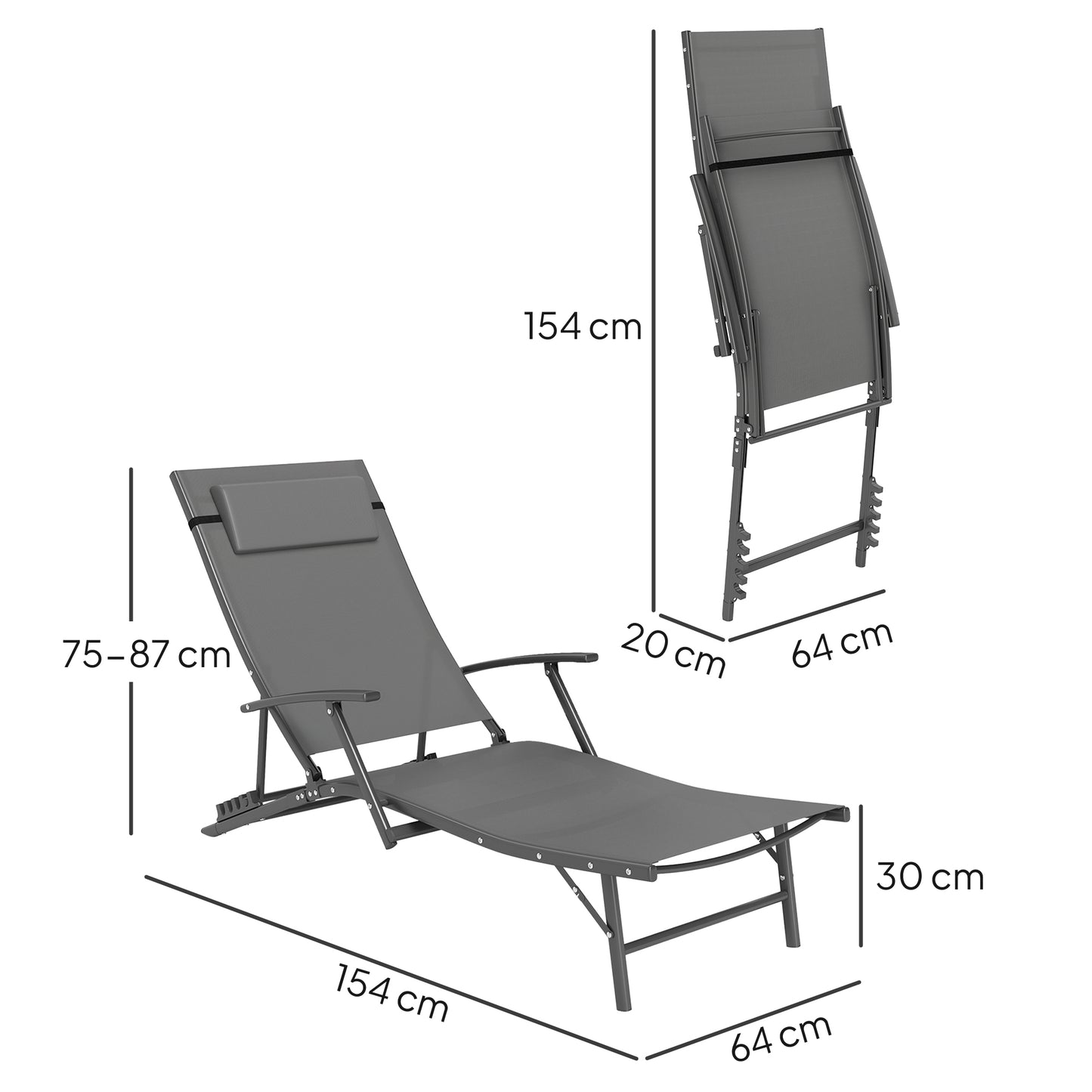 Outsunny Zestaw 2 składanych leżaków do ogrodu, 4 pozycje regulowanych leżaków ogrodowych z podłokietnikami, poduszkami, stalową ramą, leżaki do patio, na plażę i przy basen, szary