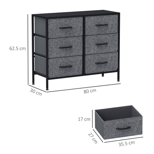HOMCOM Fabric Chest of Drawers, Industrial Bedroom Dresser with 6 Fabric Drawers, Steel Frame and Wooden Top for Nursery, Living Room, Hallway, Black