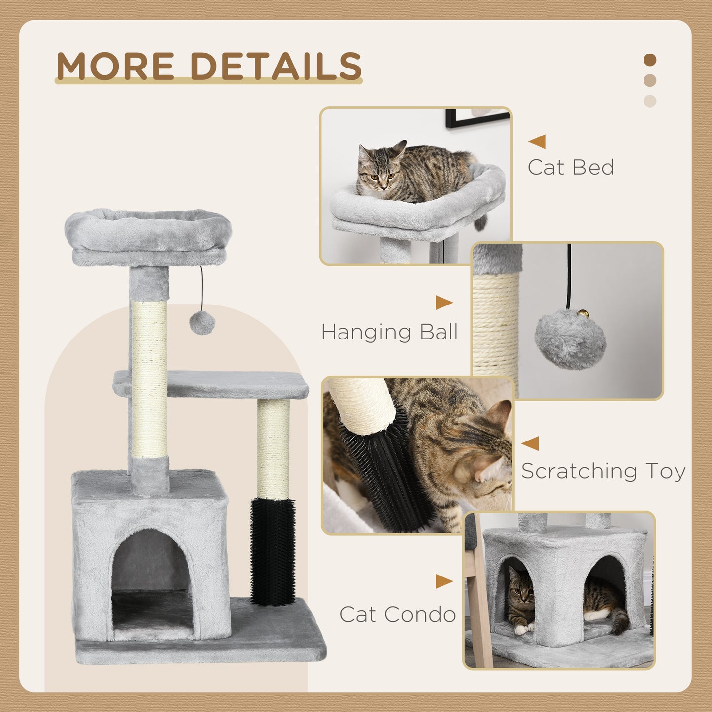PawHut Cat Tree dla kotów domowych, wieża wspinaczkowa, drapak dla kotów, centrum aktywności dla kotów z zabawką do masażu, wisząca piłka, łóżko, grzęda, 48 x 48 x 85 cm, szary