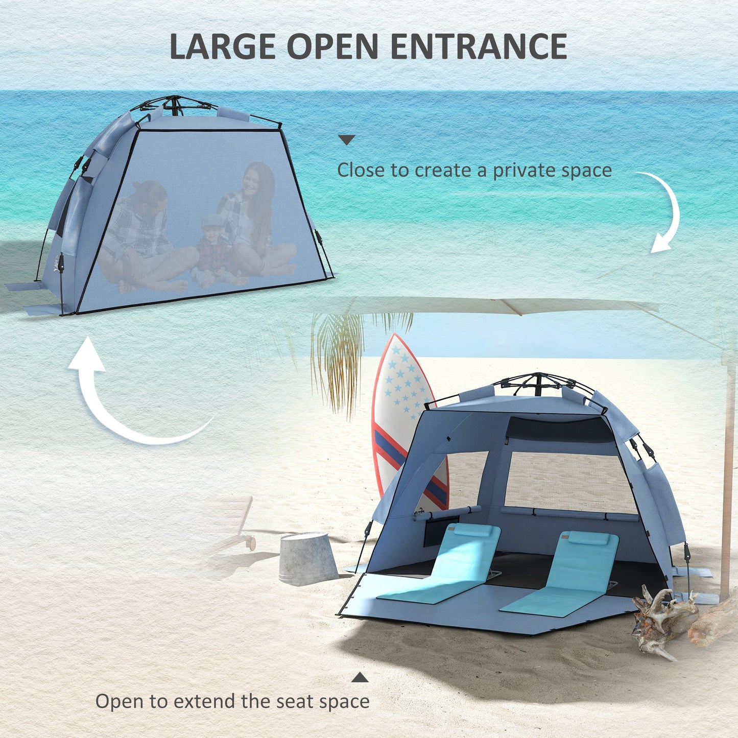 Outsunny 2-3 osobowy namiot plażowy typu pop-up, UPF15+, osłona przeciwsłoneczna z przedłużoną podłogą, worki z piaskiem, okna z siatki i torba transportowa, jasnoniebieski