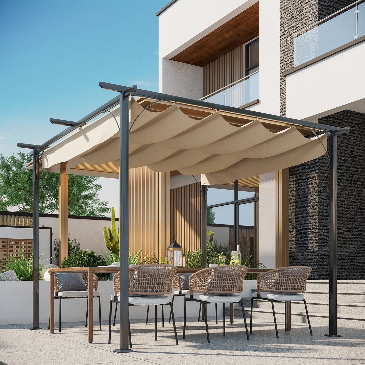 Outsunny 3 x 3(m) Metalowa pergola z chowanym dachem, metalowa altana ogrodowa, zadaszenie pergoli. Zewnętrzny daszek przeciwsłoneczny na imprezę BBQ, beżowy