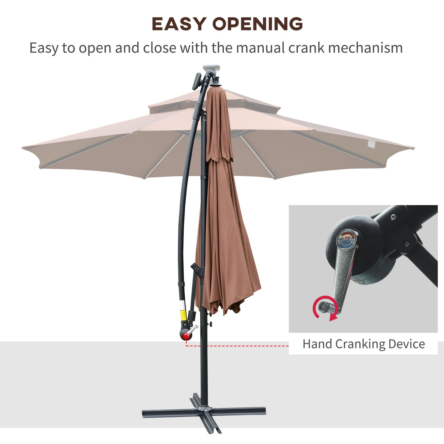 Parasol wiszący Outsunny 3(m) Cantilever Banana z podwójnym dachem, lampami solarnymi LED, korbą, 8 wytrzymałymi żebrami i podstawą krzyżową do użytku na zewnątrz, w ogrodzie, na patio, w kawiarni