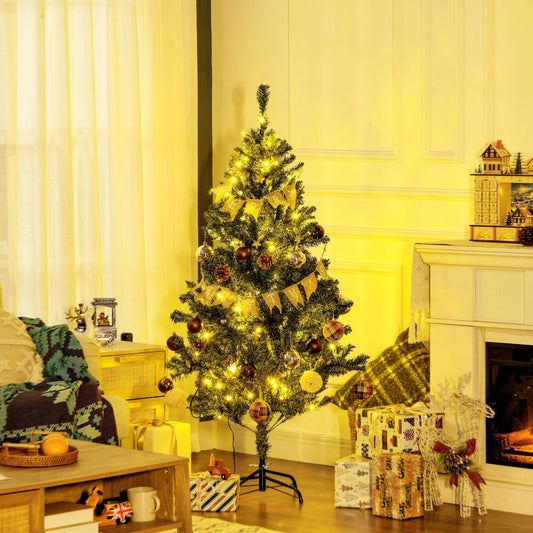 HOMCOM 5' Artificial Prelit Christmas Trees Holiday Decor with Warm White LED Lights, Decoration, Banner, Tag, Ball