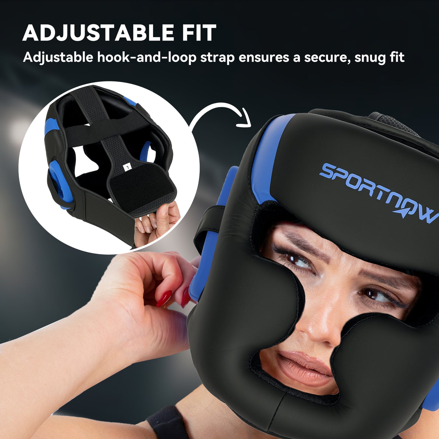 Kask bokserski SPORTNOW z regulowanym paskiem zapewniający pełną ochronę twarzy do kickboxingu, sparingów, sztuk walki, karate, taekwondo, niebieski