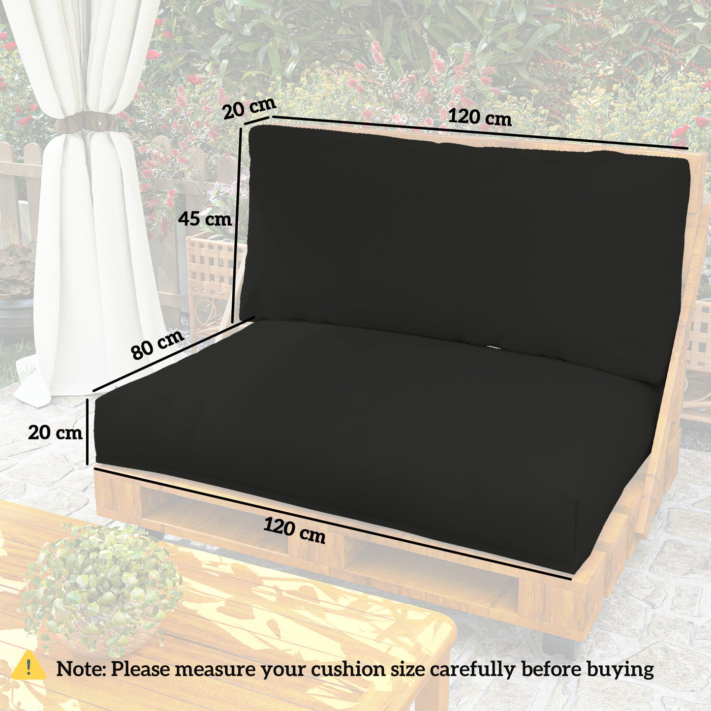 Poduszki do mebli z palet Outsunny 2 Seater, Poduszki z palet, UPF20+, Tkanina 220 g/m2, Grubość 20 cm, Poduszki na siedzenia zewnętrzne, Czarne