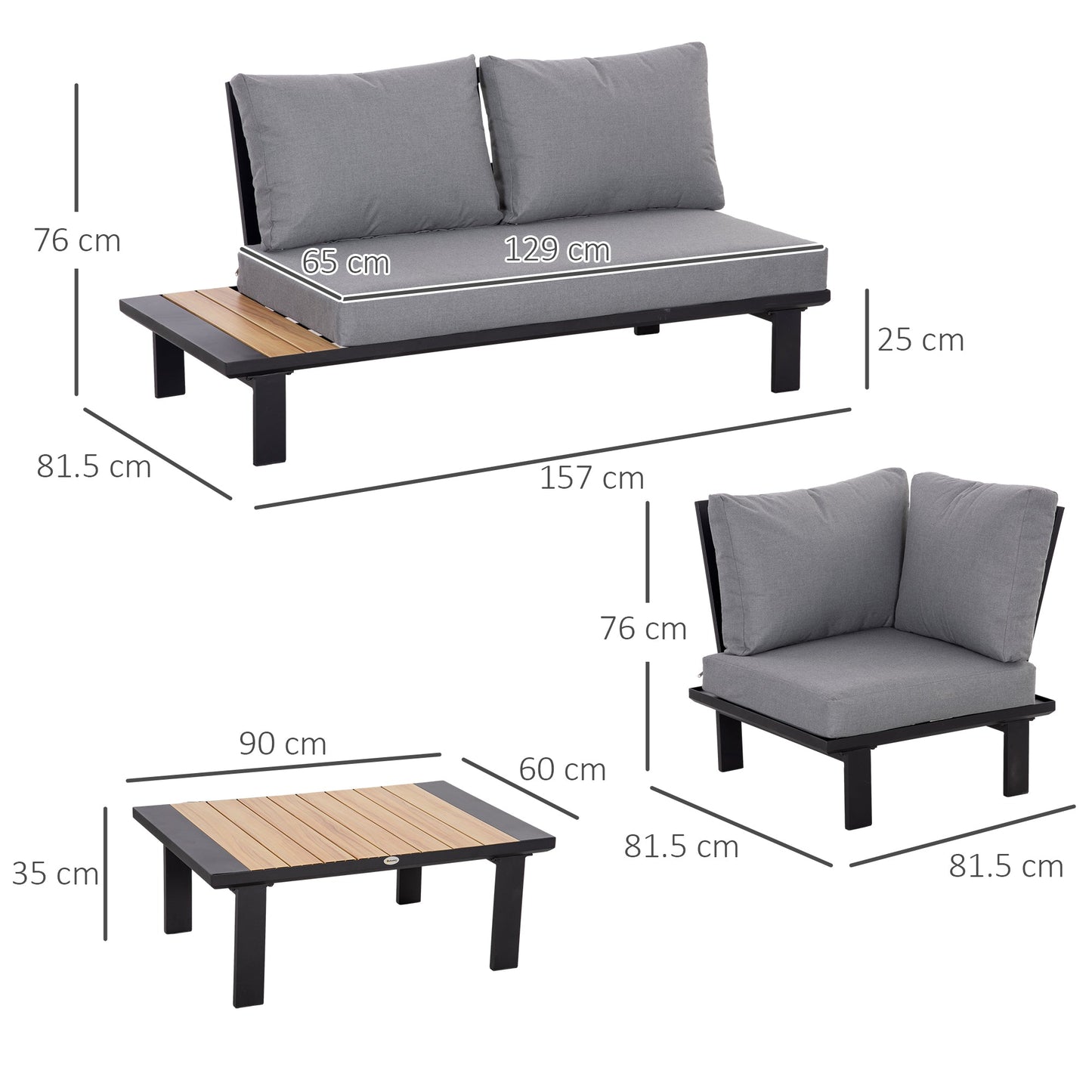 Outsunny 4-częściowy aluminiowy zestaw mebli ogrodowych w kształcie litery L, zestaw sof ze stołami, poduszkami do wnętrz, ogrodu, patio, ciemnoszary