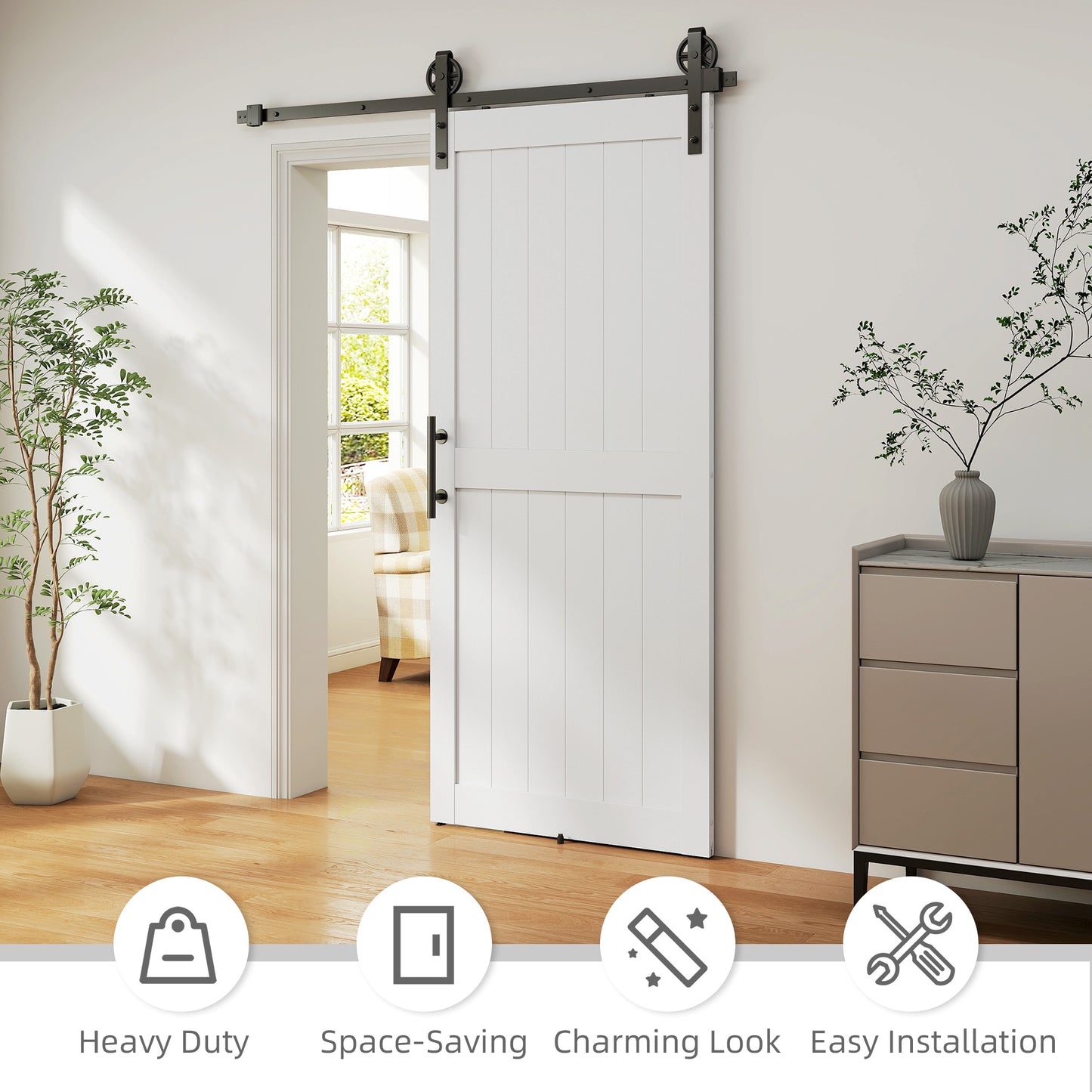 HOMCOM 183cm Sliding Barn Door Kit, Sliding Door with Track, Hardware, Upgraded Rollers and Floor Guide, Handle, White