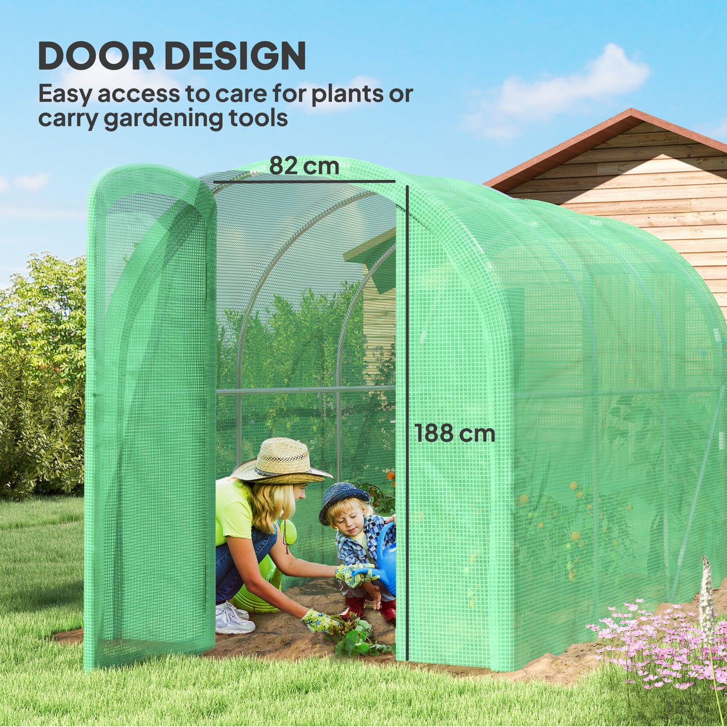 Outsunny 3 x 2 x 2m Polietylenowa szklarnia tunelowa z drzwiami zawiasowymi, namiot typu walk-in grow house z pokrywą z PE i ocynkowaną stalową ramą, zielony