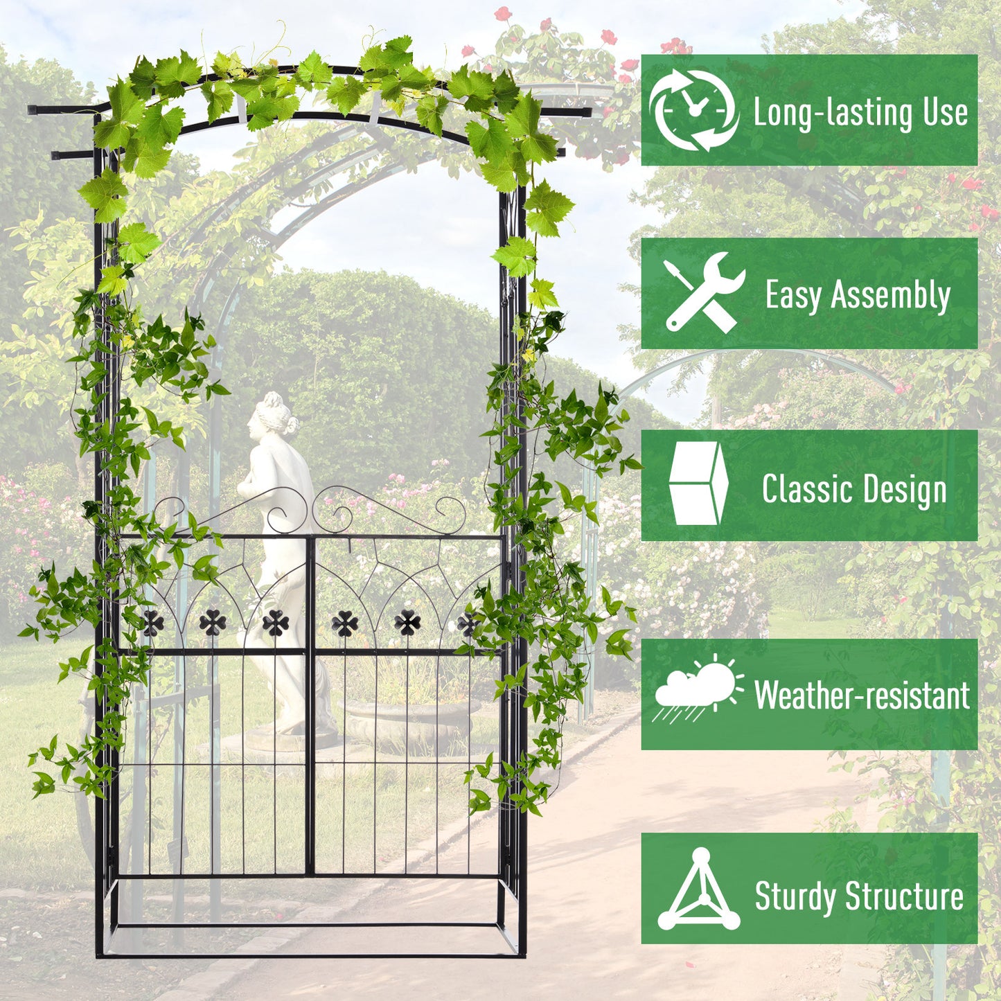 Outsunny Garden Zewnętrzny łuk wejściowy z drzwiami Zewnętrzna dekoracja patio dla róż, kratki, pnącza, 131L x 49W x 200Hcm