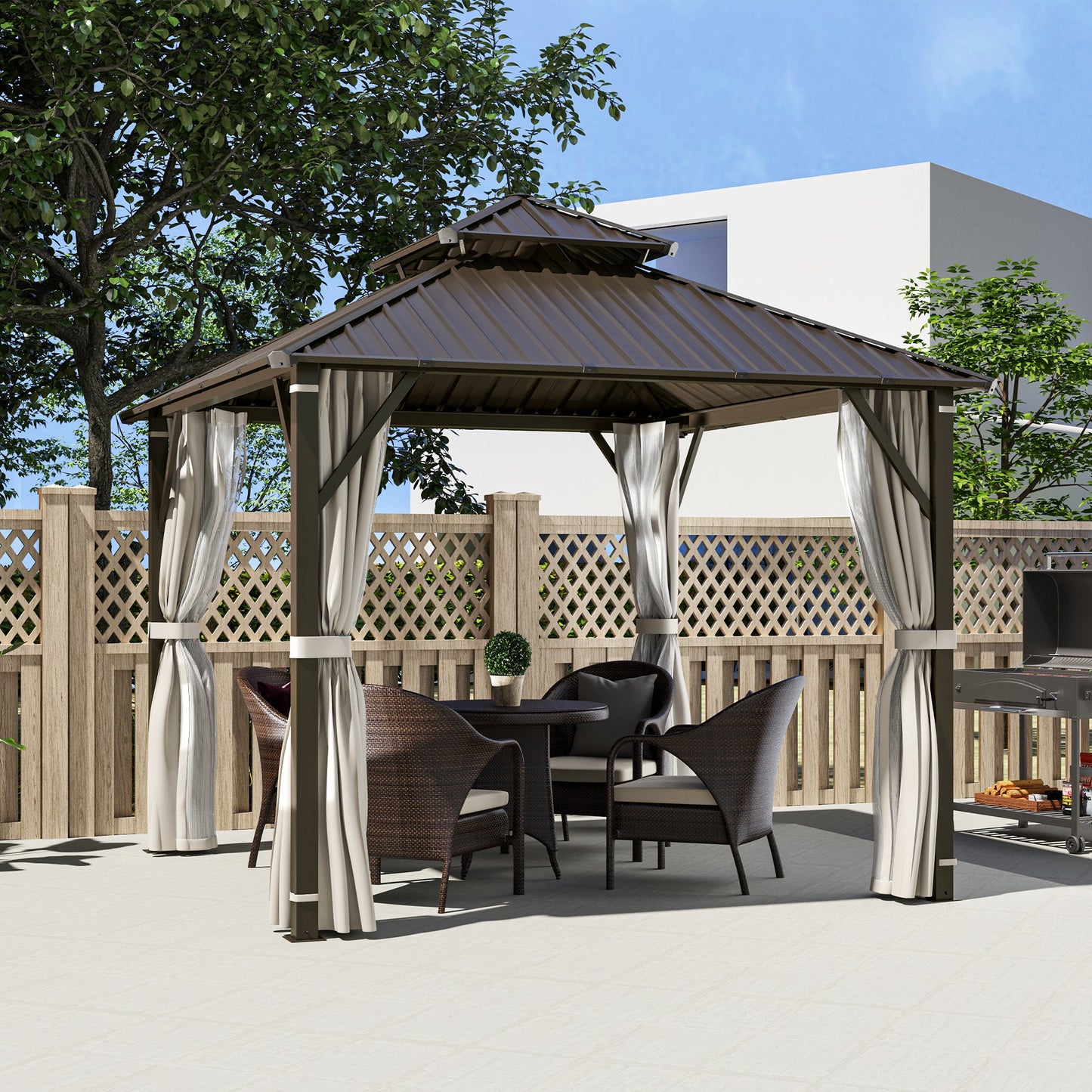 Outsunny 3 x 3(m) Hardtop Gazebo Canopy z podwójnym metalowym dachem, wodoodporny, stały pawilon ogrodowy z siatką i zasłonami, łatwy w montażu