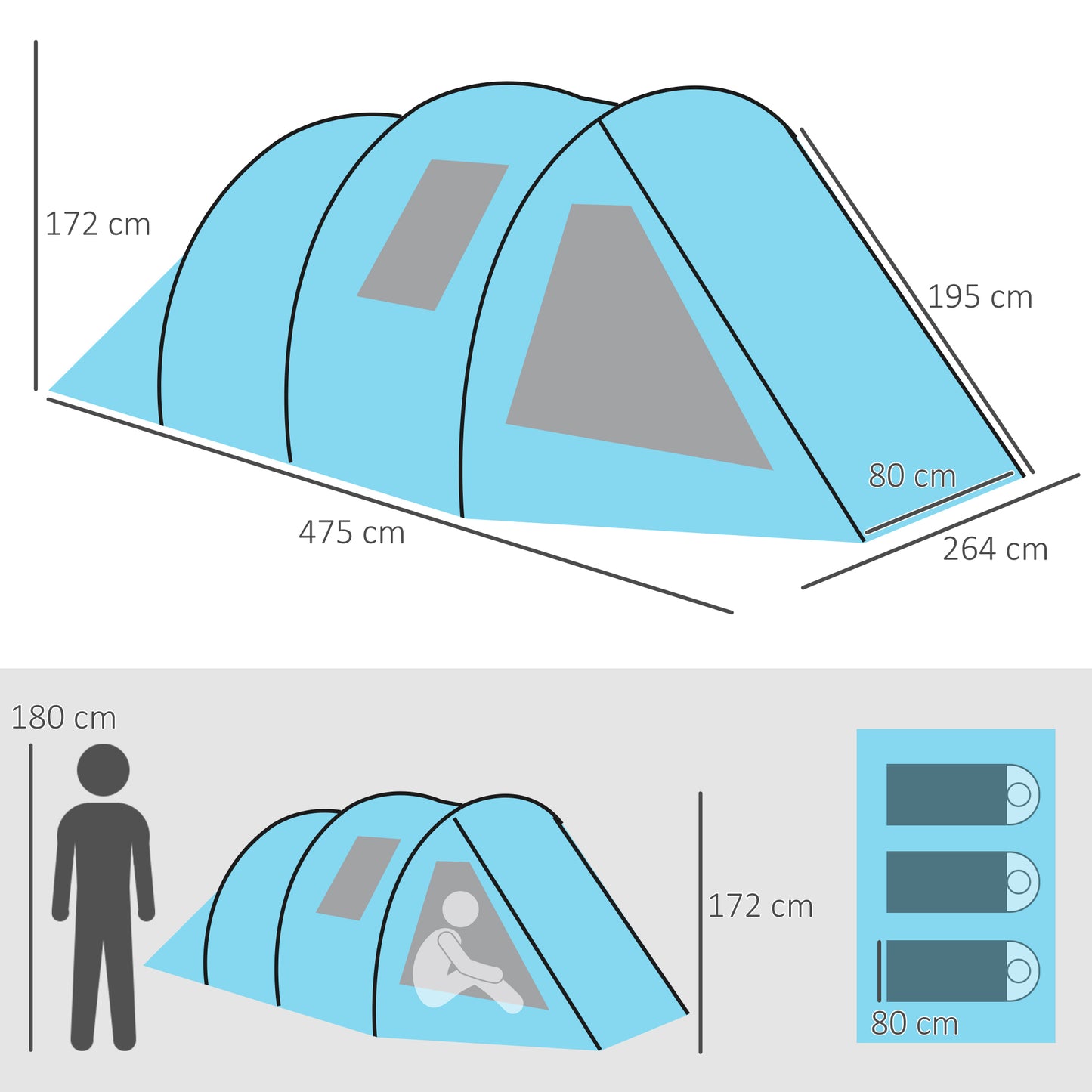 Outsunny 3-4 Man Tunnel Tent, dwupokojowy namiot kempingowy z oknami i pokrowcami, przenośna torba transportowa, do wędkowania, wędrówek, sportu, festiwali - niebieski