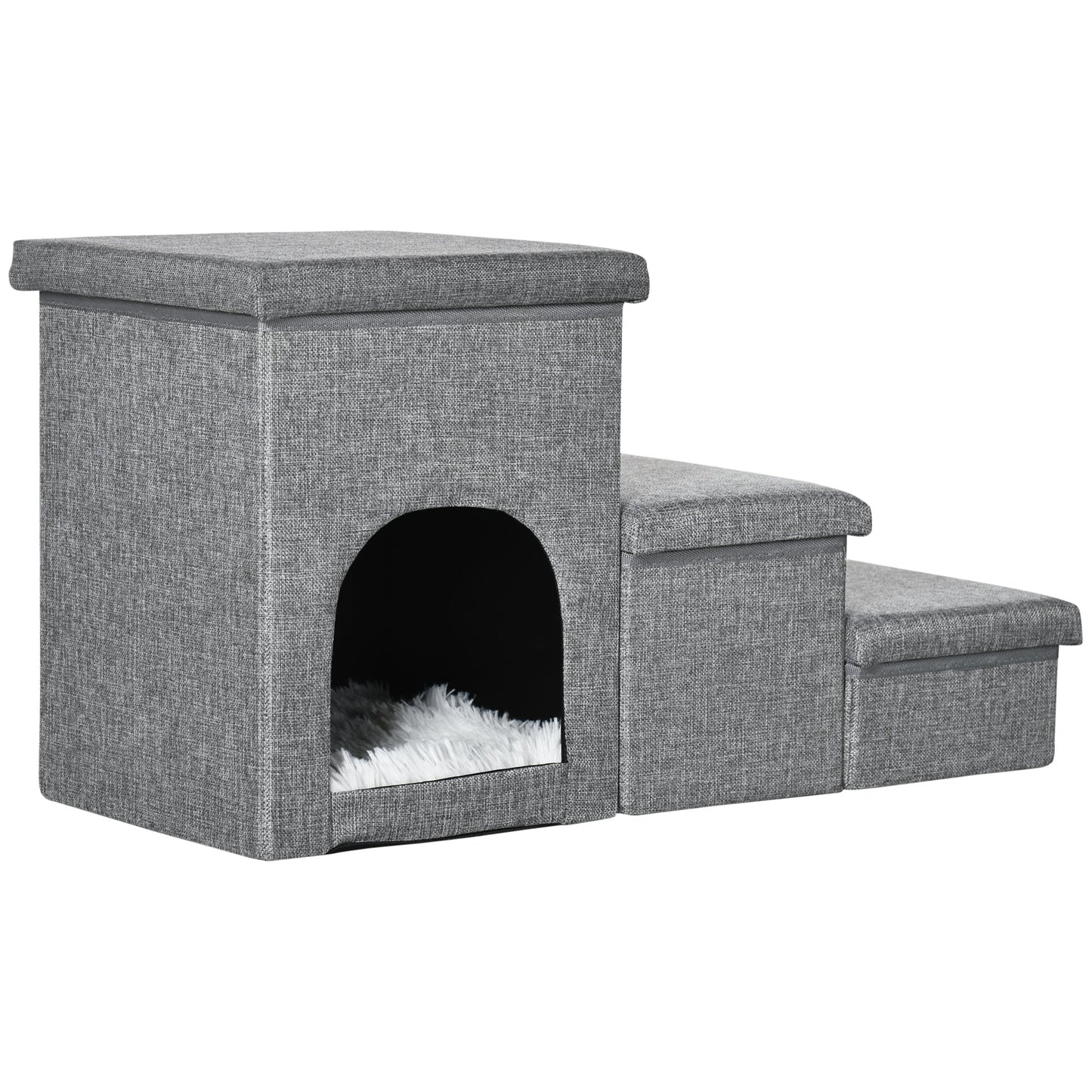 PawHut Dog Steps 3-stopniowe schody dla zwierząt z domkiem dla kociąt i 2 schowkami, rampa dla psa 3 w 1 na sofę ze zmywalną pluszową poduszką