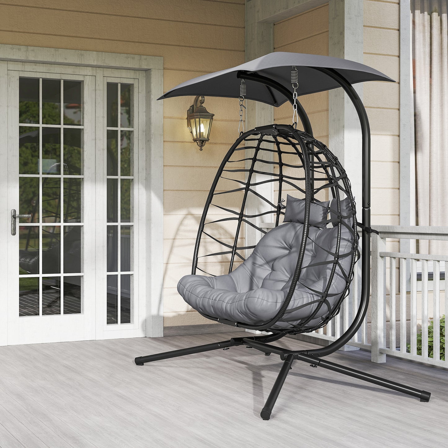 Outsunny Rattan Double Hanging Egg Chair z baldachimem, składany wiklinowy fotel hamakowy Egg z poduszką, poduszkami pod głowę, stojakiem, stalową ramą, fotelem hamakowym do wewnątrz i na zewnątrz, nośność 260 kg, czarny