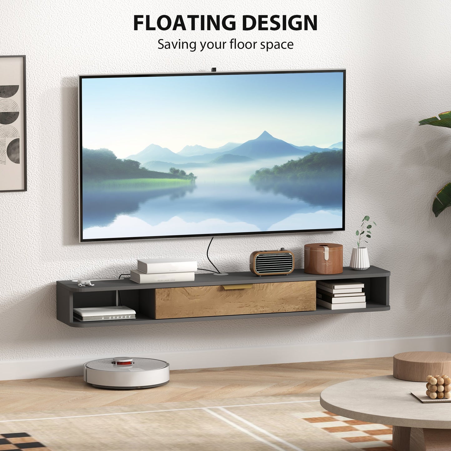 HOMCOM 140 cm Wiszący Stojak Pod TV Z Przechowalką - Antracytowy