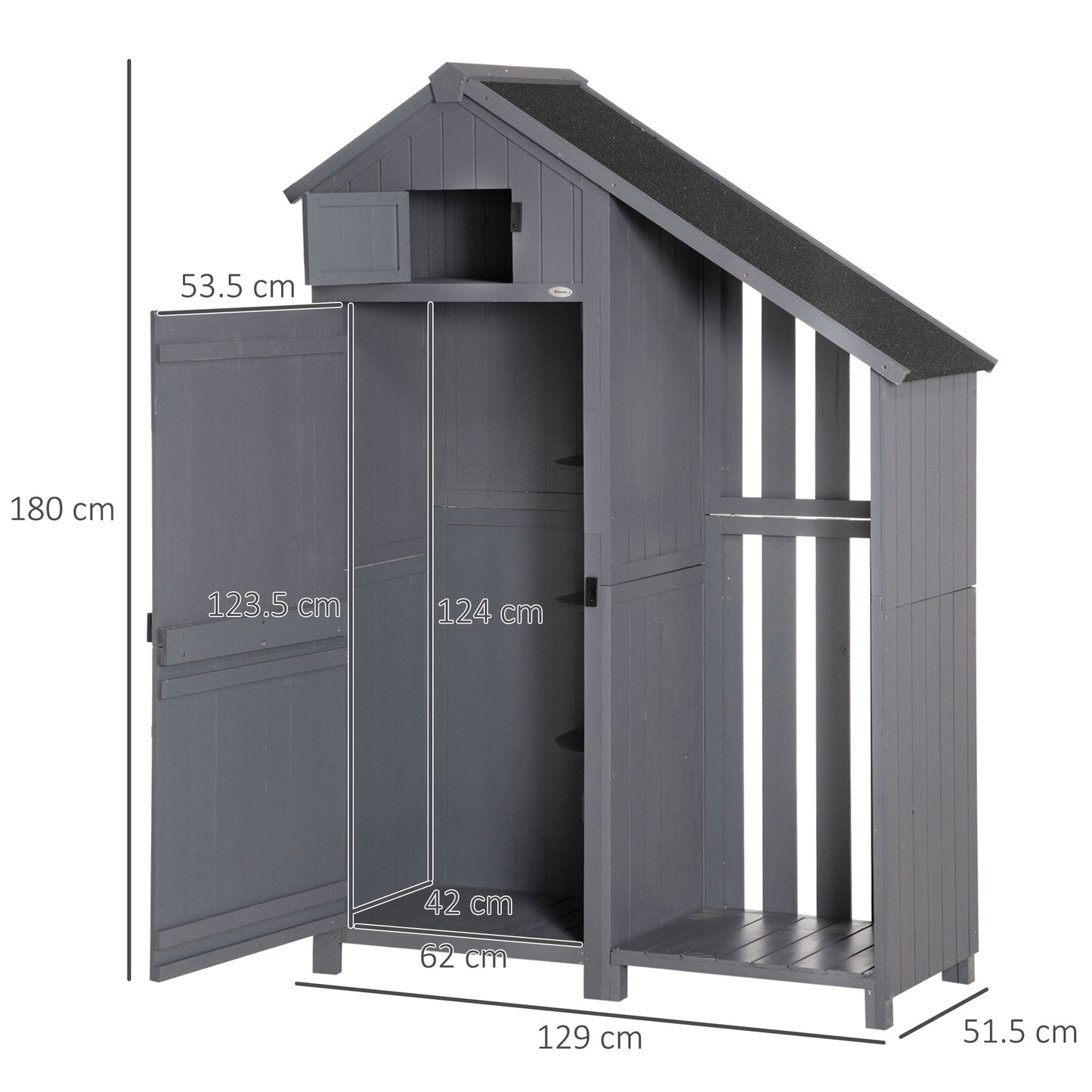 Outsunny Garden Outdoor Storage Shed Outdoor Tool Shed z 3 półkami i uchylnym dachem, 129x51,5x180 cm, szary