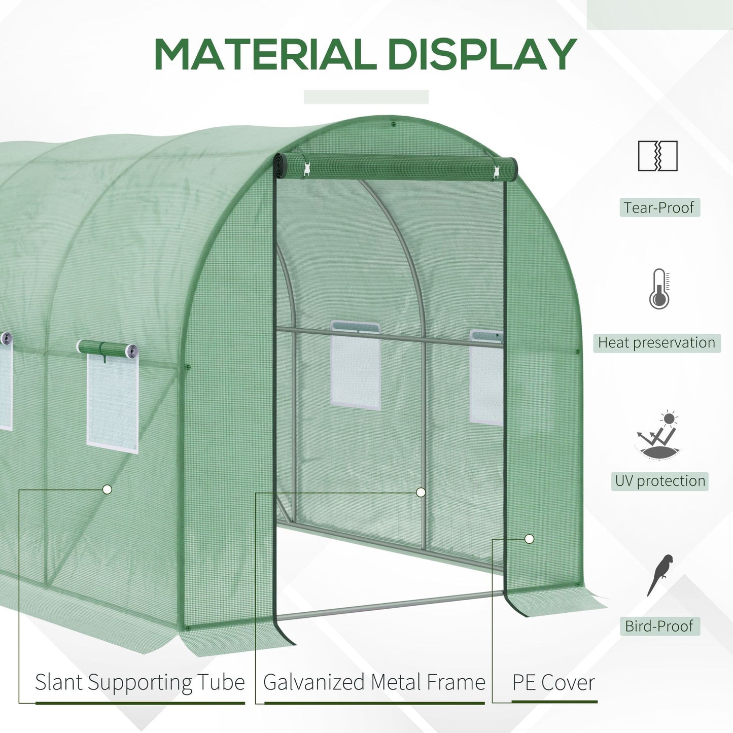 Outsunny Walk-in Polytunnel Greenhouse, Outdoor Garden Tunnel Greenhouse Tent with Zipped Roll-Up Door, Green