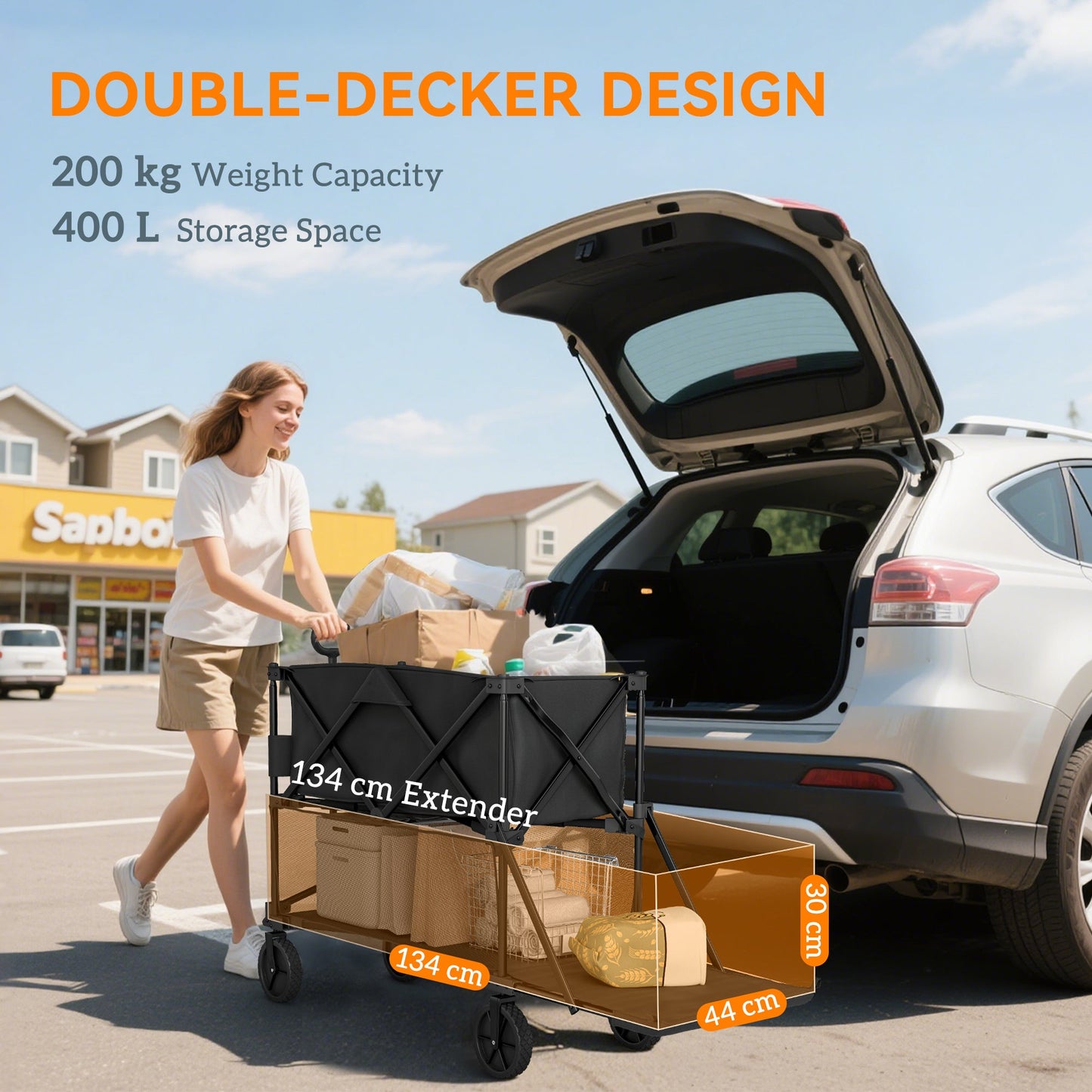 Wózek na kółkach Outsunny Double Decker, składany, 200 kg i 350 l, rozkładany wózek festiwalowy z przedłużeniem o 134 cm, idealny na kemping, sport, zakupy, do ogrodu i na plażę, czarny