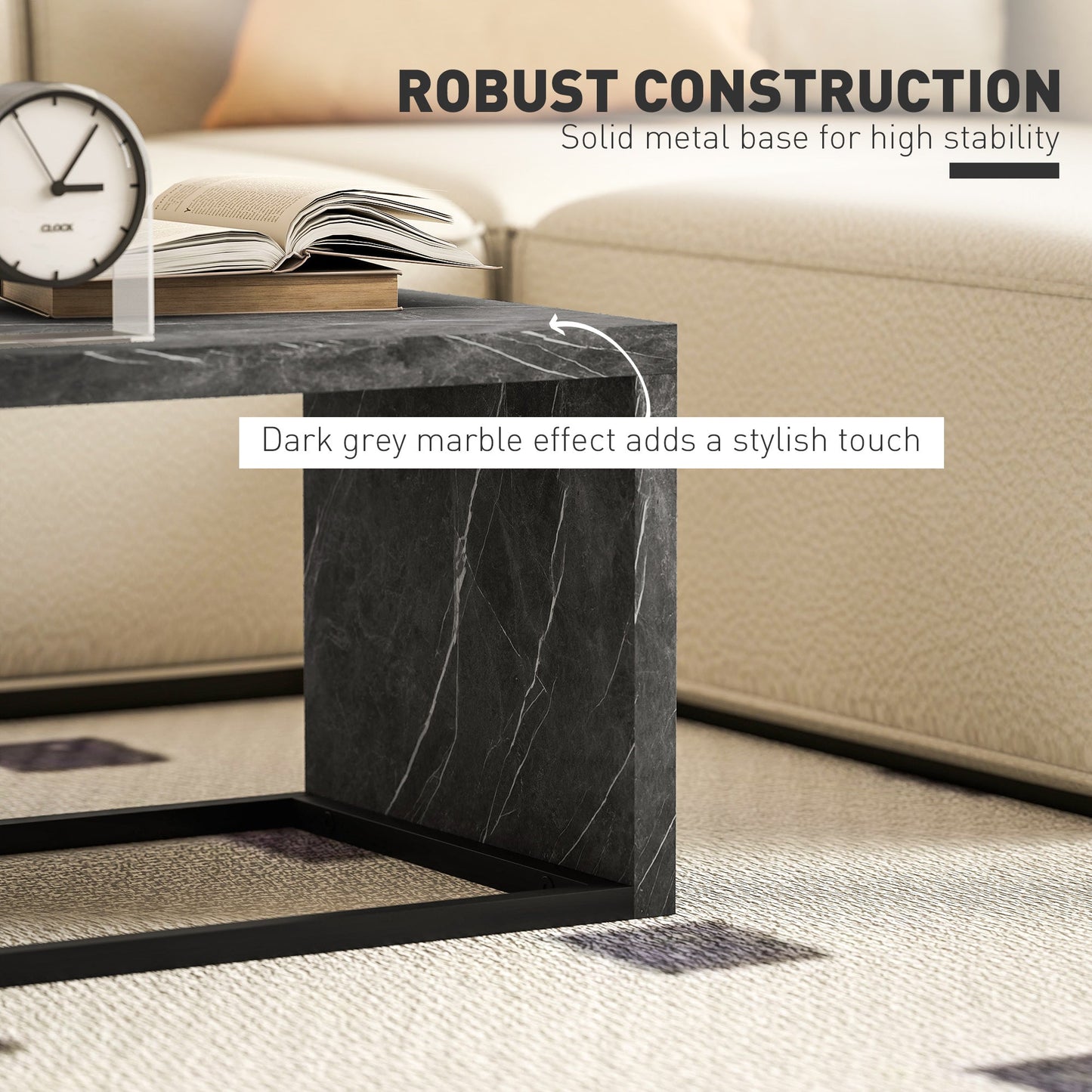 HOMCOM Coffee Tables Set of 2, Industrial Nest of Tables with Metal Frame for Living Room Bedroom, Dark Grey Marble Effect