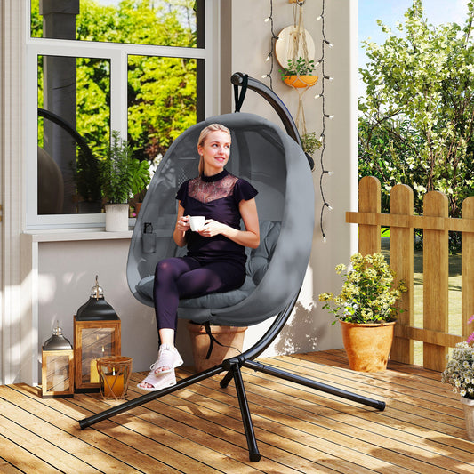 Outsunny Hanging Egg Chair, Folding Texteline Swing Hammock with Side Pocket, Cushion and Stand for Indoor Outdoor, Patio Garden Furniture, Grey