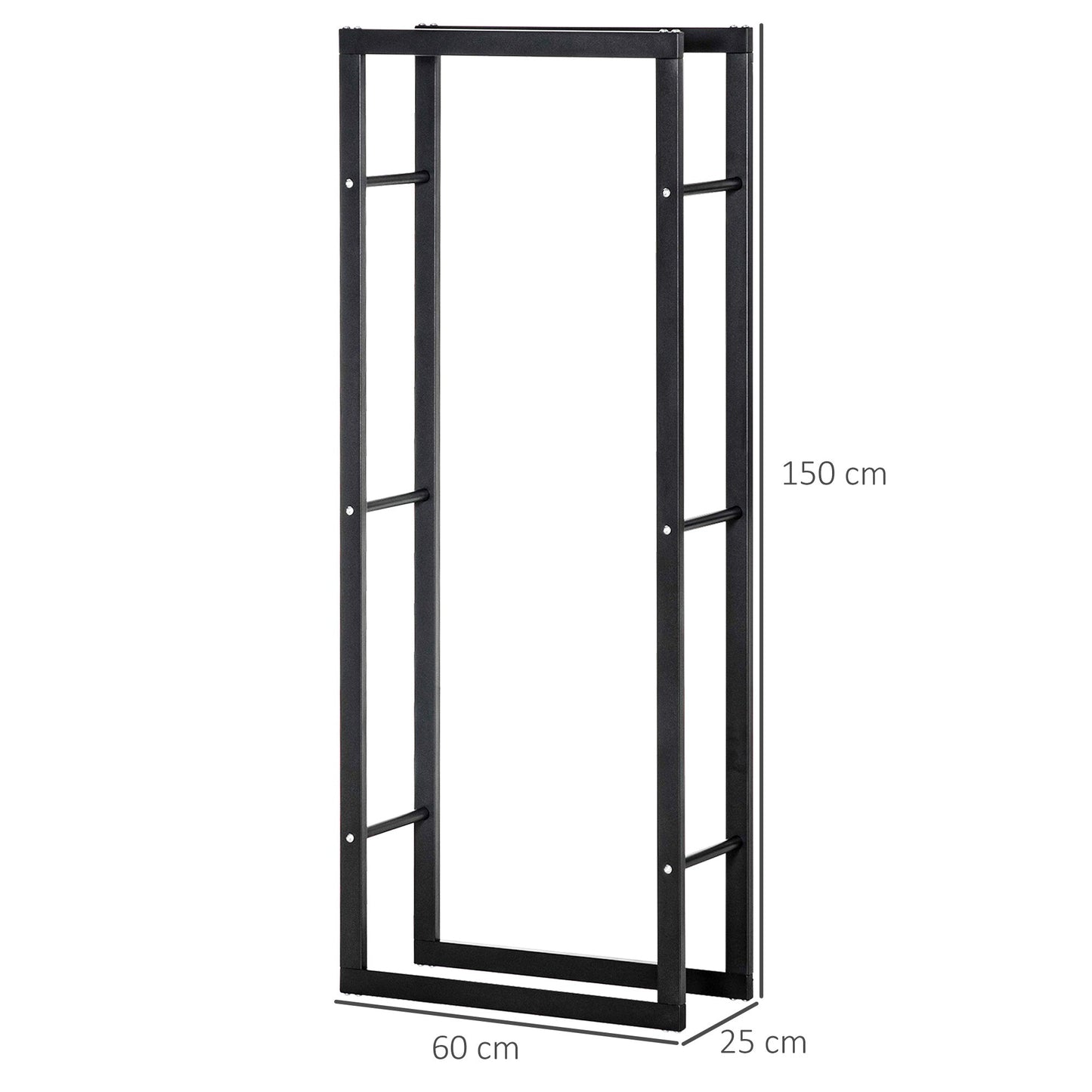 HOMCOM Metalowy stojak na drewno opałowe, wysoki stojak na drewno opałowe, do wewnątrz i na zewnątrz, półka do przechowywania drewna kominkowego, czarny, 60 szer. x 25 gł. x 150 wys. cm