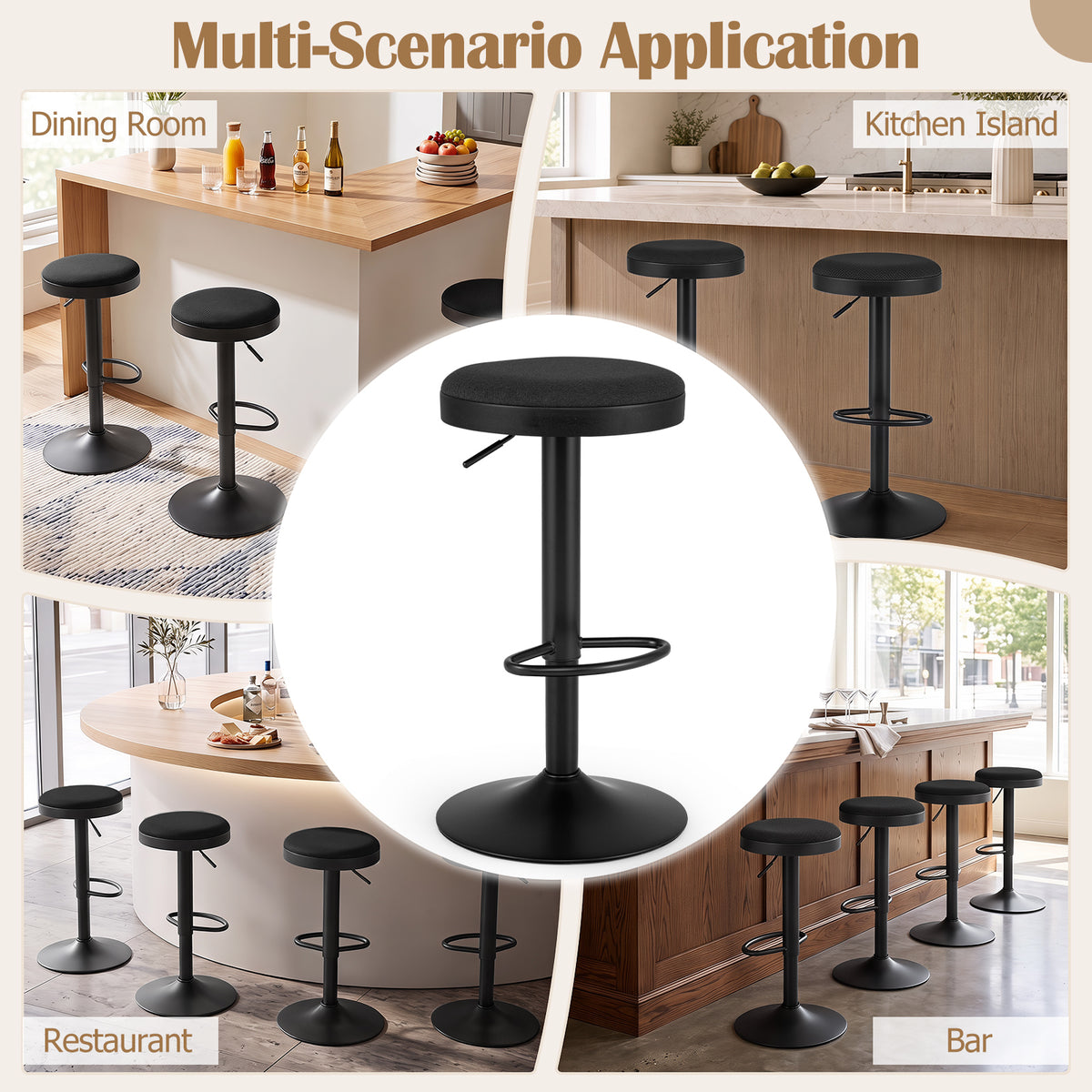 1 Piece Kitchen Bar Stool with Height Adjustment and D-Shaped Footrest-Black