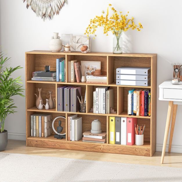 3-Tier Organizer 10-Cube Bookshelf 140CM Wood Display Shelf for Living Room-Natural