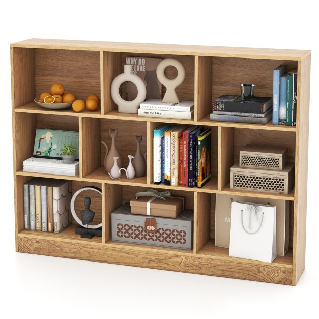 3-Tier Organizer 10-Cube Bookshelf 140CM Wood Display Shelf for Living Room-Natural