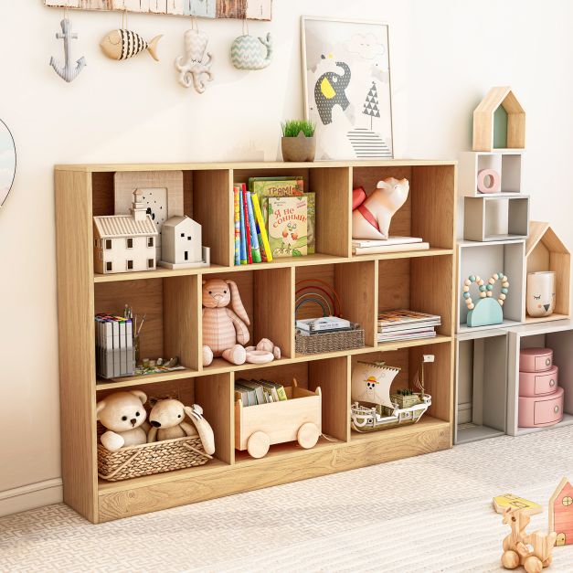 3-Tier Organizer 10-Cube Bookshelf 140CM Wood Display Shelf for Living Room-Natural