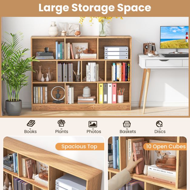 3-Tier Organizer 10-Cube Bookshelf 140CM Wood Display Shelf for Living Room-Natural