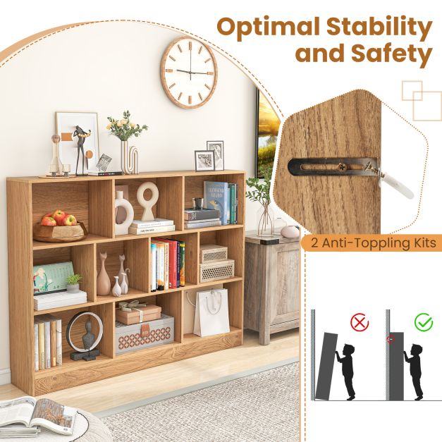 3-Tier Organizer 10-Cube Bookshelf 140CM Wood Display Shelf for Living Room-Natural