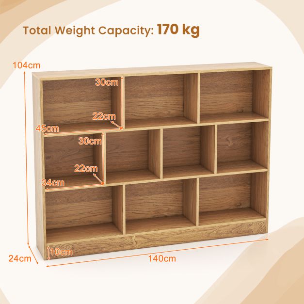 3-Tier Organizer 10-Cube Bookshelf 140CM Wood Display Shelf for Living Room-Natural