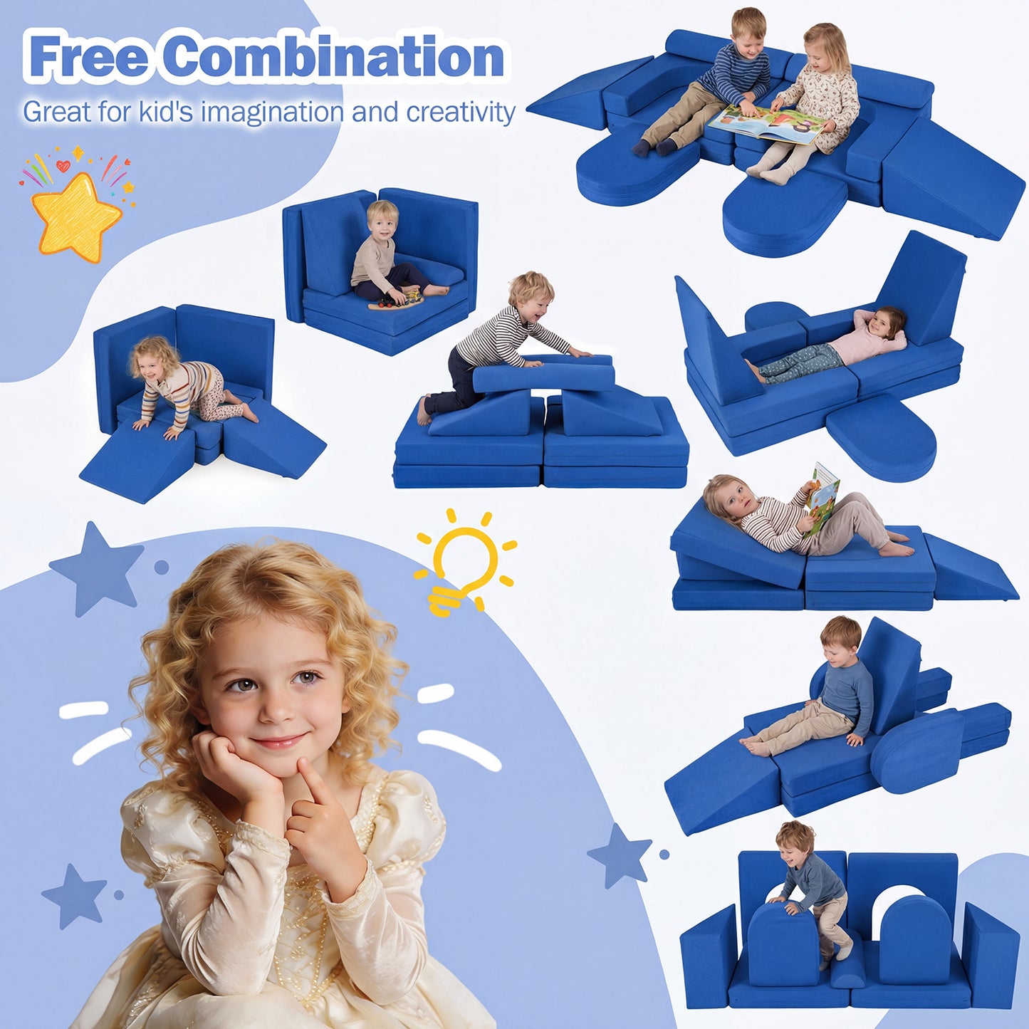 10 PCS Modular Kids Play Couch Toddler Climb and Crawl Foam Playset-Navy
