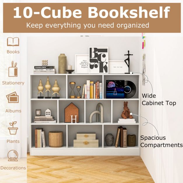 3-Tier Organizer 10-Cube Bookshelf 140CM Wood Display Shelf for Living Room-White