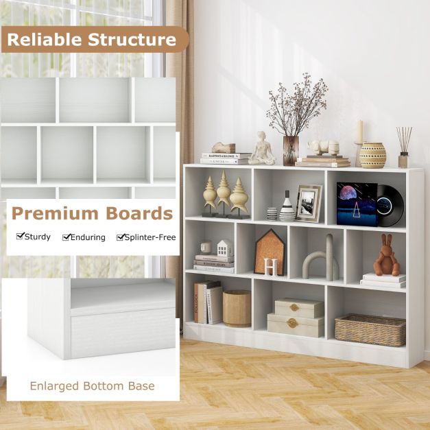 3-Tier Organizer 10-Cube Bookshelf 140CM Wood Display Shelf for Living Room-White