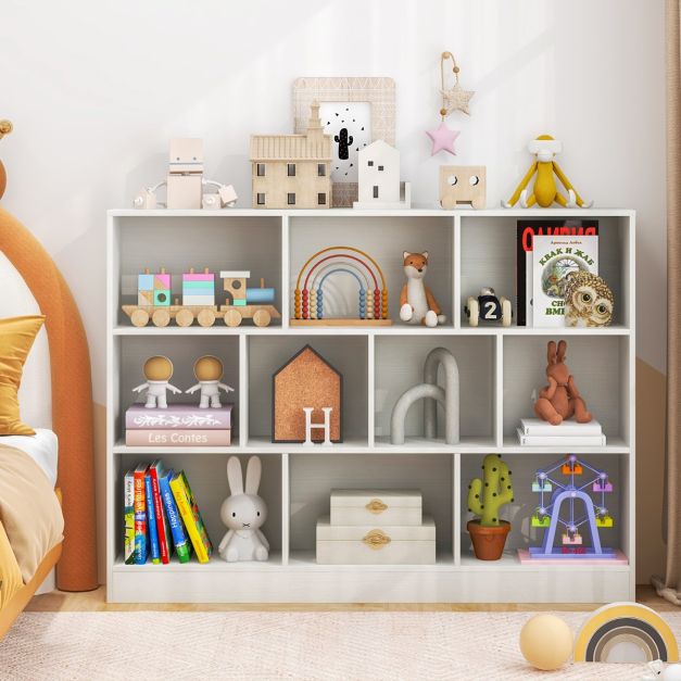 3-Tier Organizer 10-Cube Bookshelf 140CM Wood Display Shelf for Living Room-White