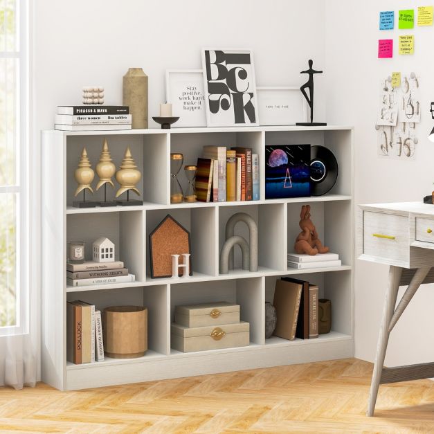 3-Tier Organizer 10-Cube Bookshelf 140CM Wood Display Shelf for Living Room-White